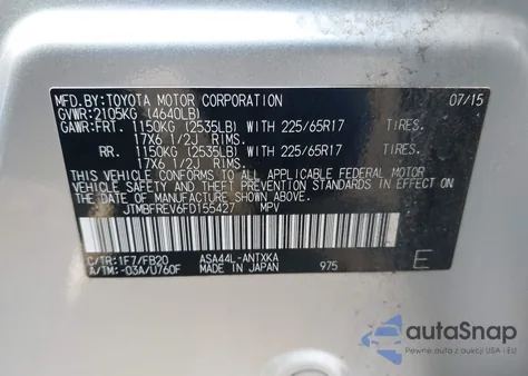 2015 Toyota Rav4 Le z USA, uszkodzony, nr VIN JTMBFREV6FD155427